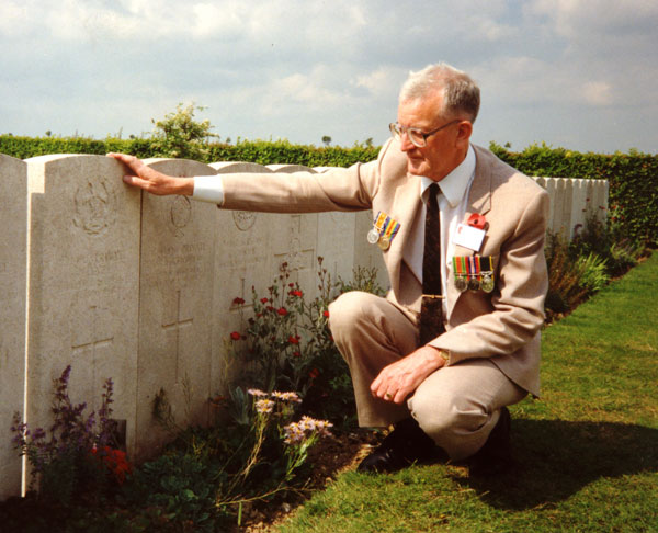 Photograph of visit to grave of James Lever, Duisans British Cemetery, 1991