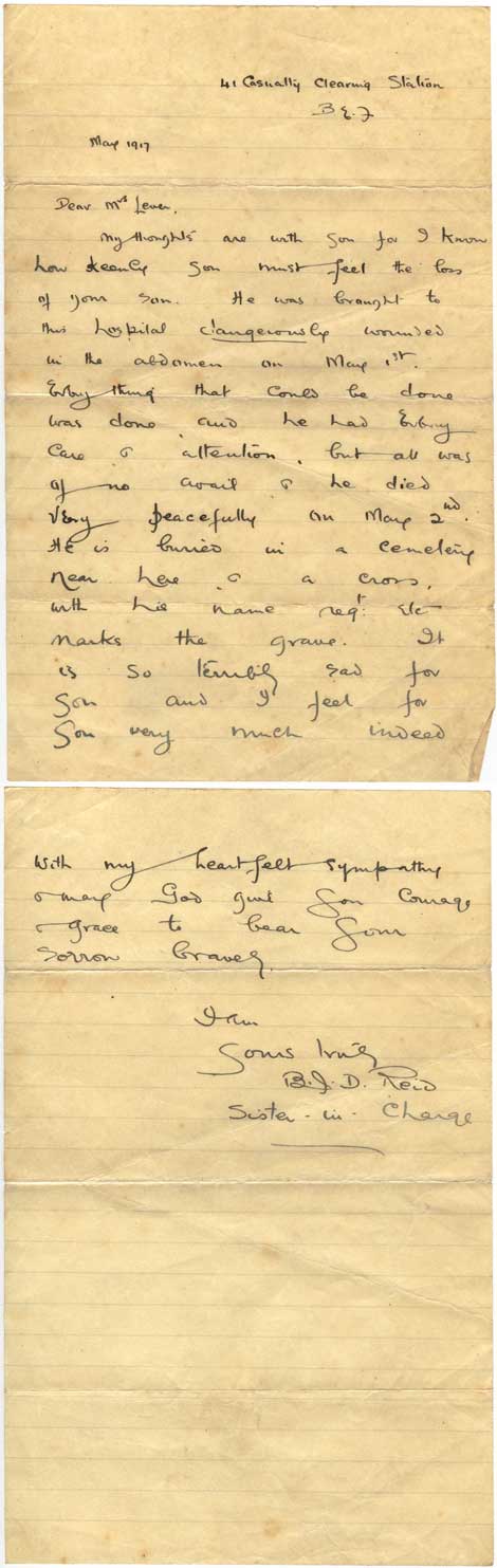 Letter from Sister Reid, 41 Casualty Clearing Station, British Expeditionary Force, France, May 1917
