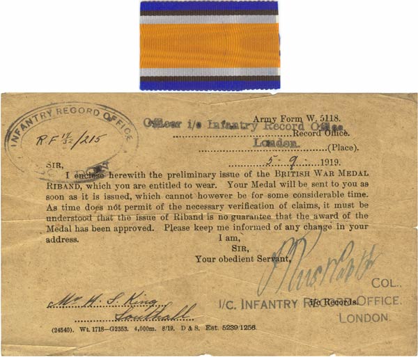 British War Medal Riband and covering note