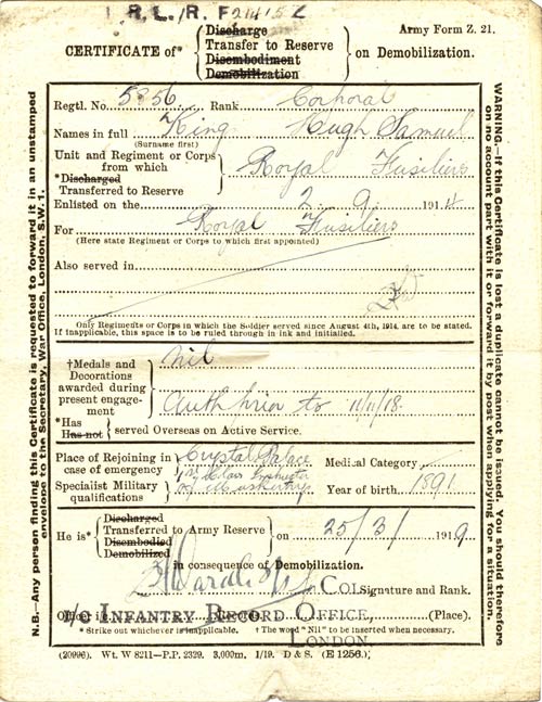 Certificate of Transfer to Reserve on Demobilization