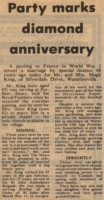 Newspaper clipping regarding Diamond Wedding anniversary of Hugh Samuel King and wife Alice