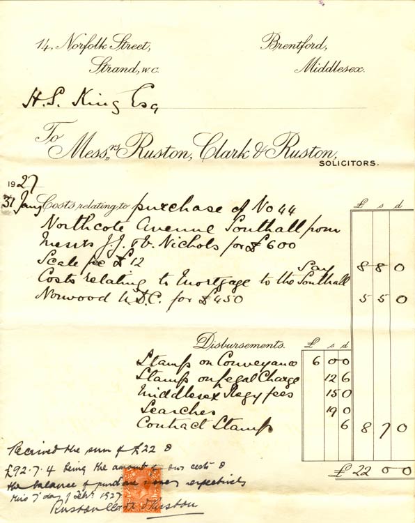 Ruston, Clark, and Ruston solicitors conveyancing fees for handling purchase of 44 Northcote Avenue Southall in 1927