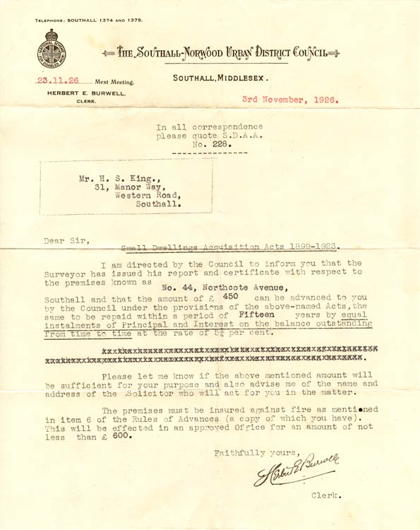 Loan advanced to Hugh Samuel King by Southall Norwood Urban District Council under the Small Dwellings Acquisition Acts