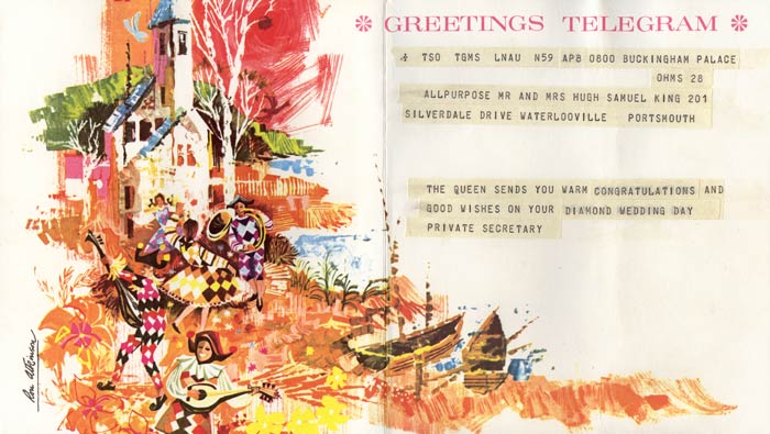 Telegram from The Queen to Mr. and Mrs. Hugh Samuel King on the occasion of their Diamond Wedding anniversary