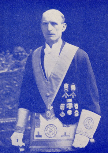 Photograph of First Master of the Heston Lodge showing Masonic regalia worn as an ensemble