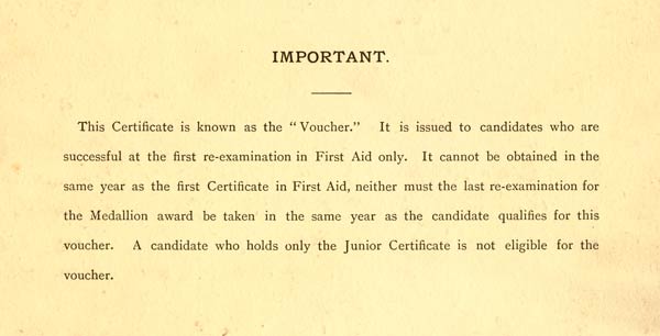 Reverse side of the voucher from the St. John Ambulance Association to Hugh Samuel King for his successful re-examination in first aid, January 1923