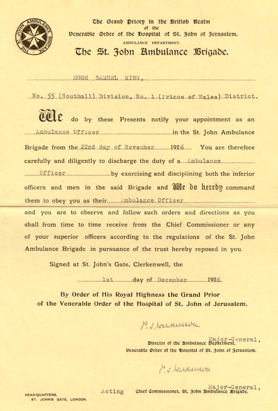 Appointment of Hugh Samuel King as an Ambulance Officer in the St. John Ambulance Brigade, November 1926