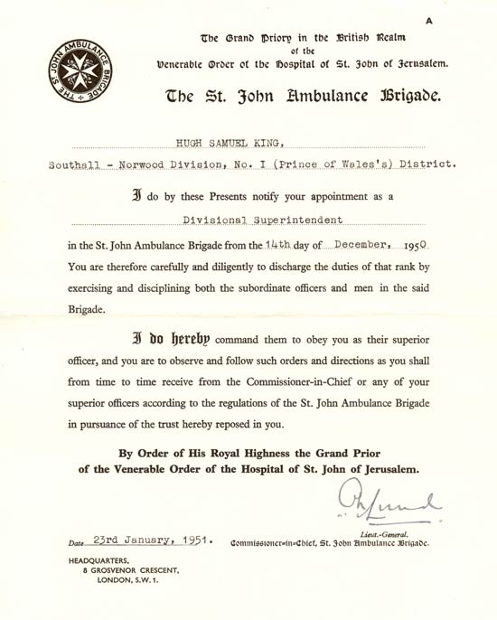 Appointment of High Samuel King as Divisional Superintendent in the St. John Ambulance Brigade, Southall - Norwood Division in 1950