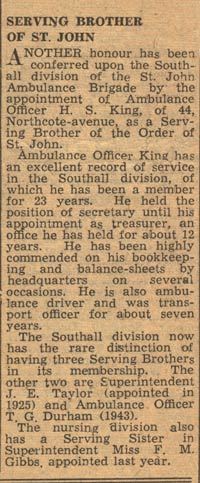 News clipping regarding the admission of Hugh Samuel King as a Serving Brother in the Order of St. John of Jerusalem