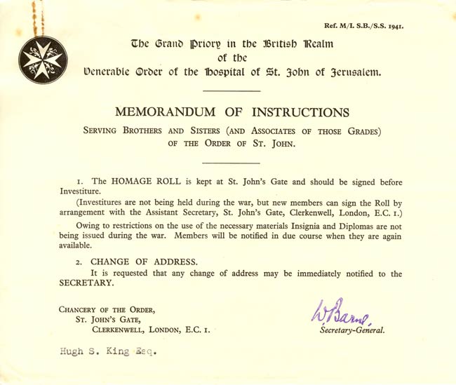 Memorandum of instructions to Serving Brothers and Sisters of the Order of St. John, 1945