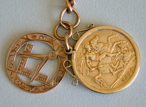 Half sovereign and masonic symbol decorating Hugh Samuel King's watch chain