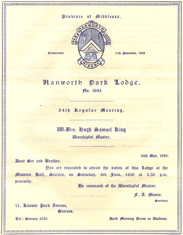 Hugh Samuel King, Worshipful Master, Hanworth Park Lodge, May 1950