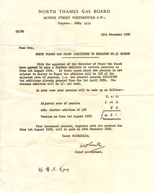 Pension for ex employee of North Thames Gas Board in 1959
