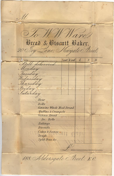 Invoice for W W Ware, Bread and Biscuit Baker, possibly 1890's origin, in which visiting cards were wrapped